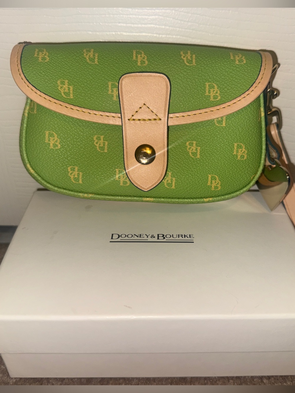 Dooney & Bourke Lime Green Logo Mini Crossbody with Tan Trim